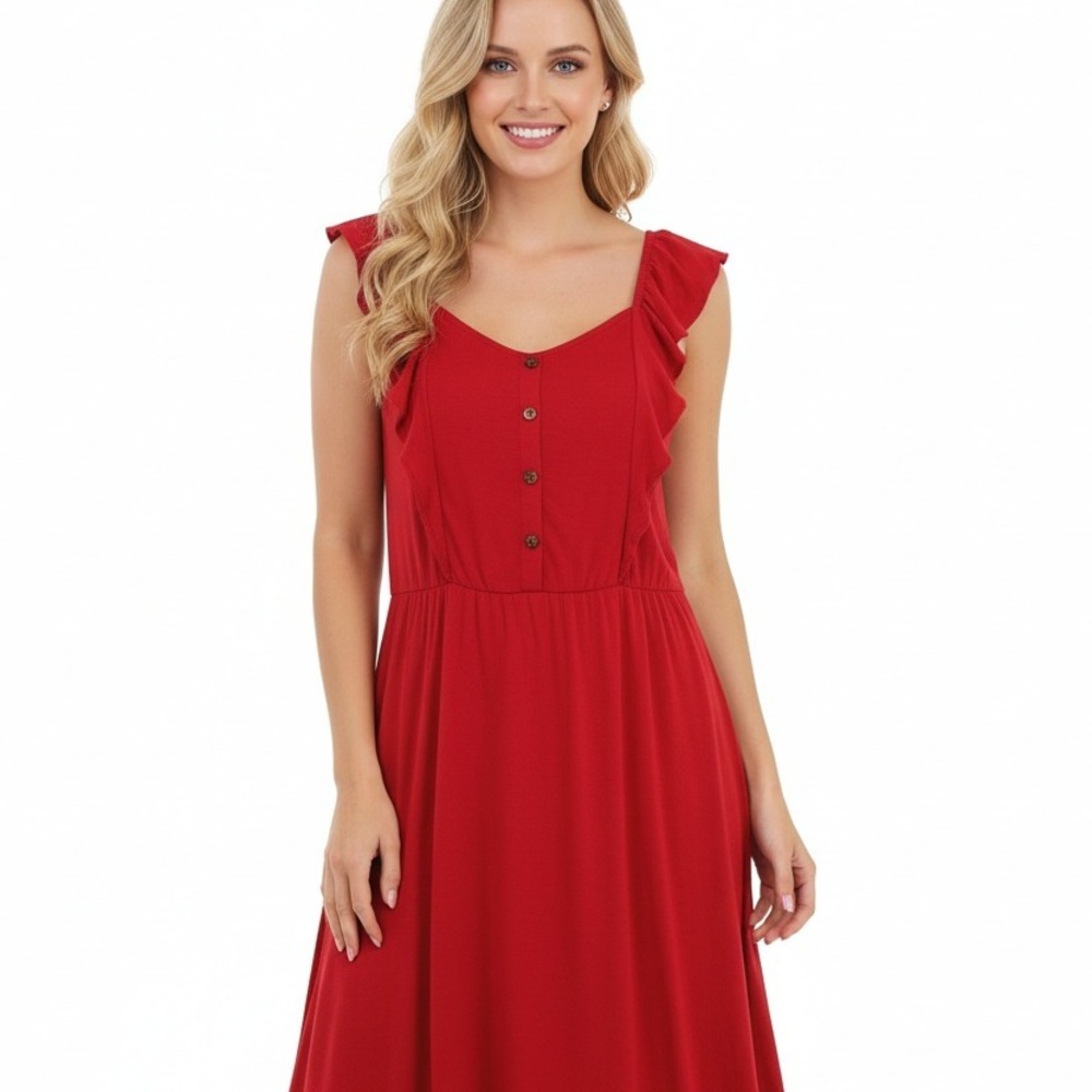 Cato Ruffle Strap Button Front‎ Dress Womens Large Red Sundress IDB797-RED